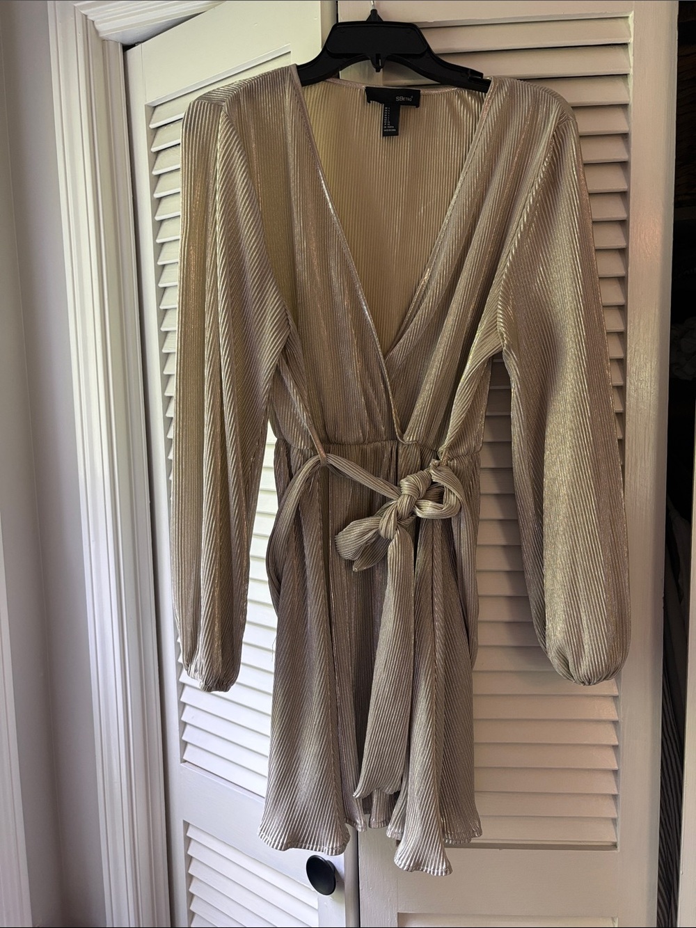 Plunge Wrap Long-Sleeve Mini Dress in Champagne